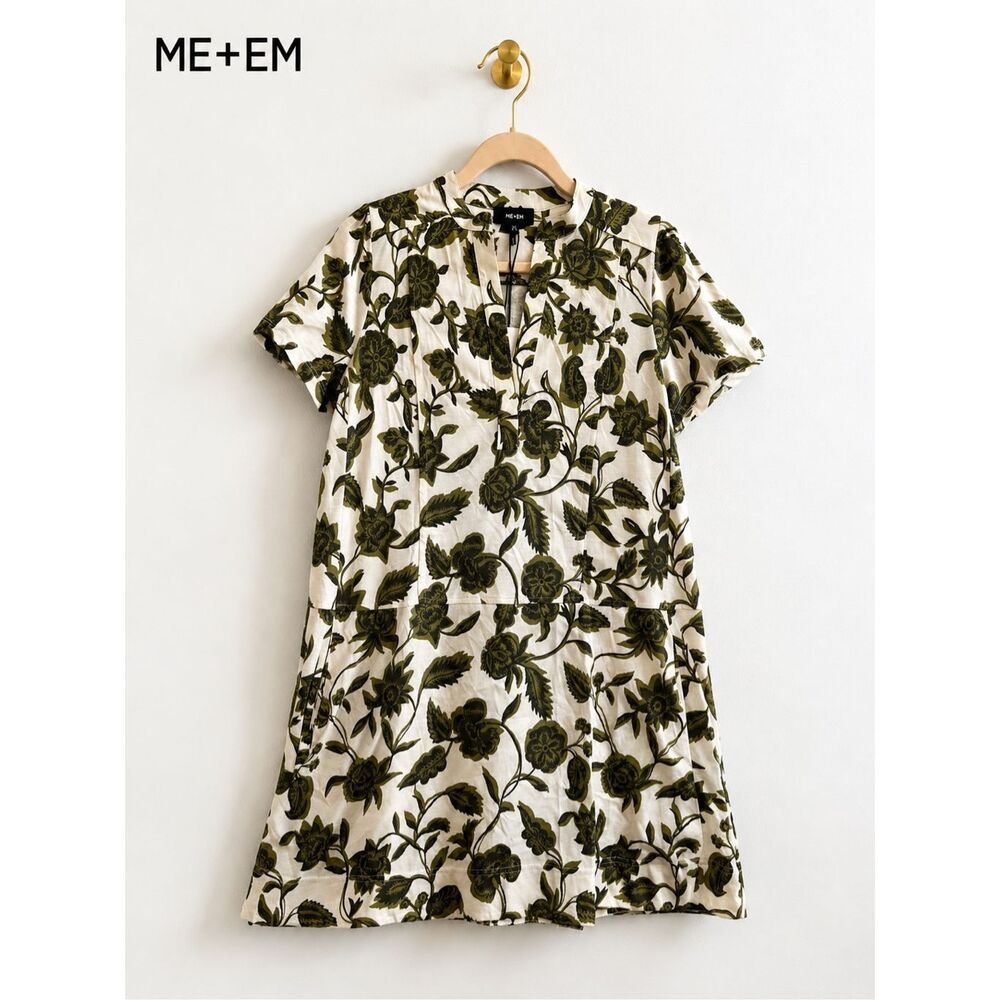 NWT, ME+EM Green Botanical Print Cotton Jersey Swing Mini Dress with Pockets Sz
